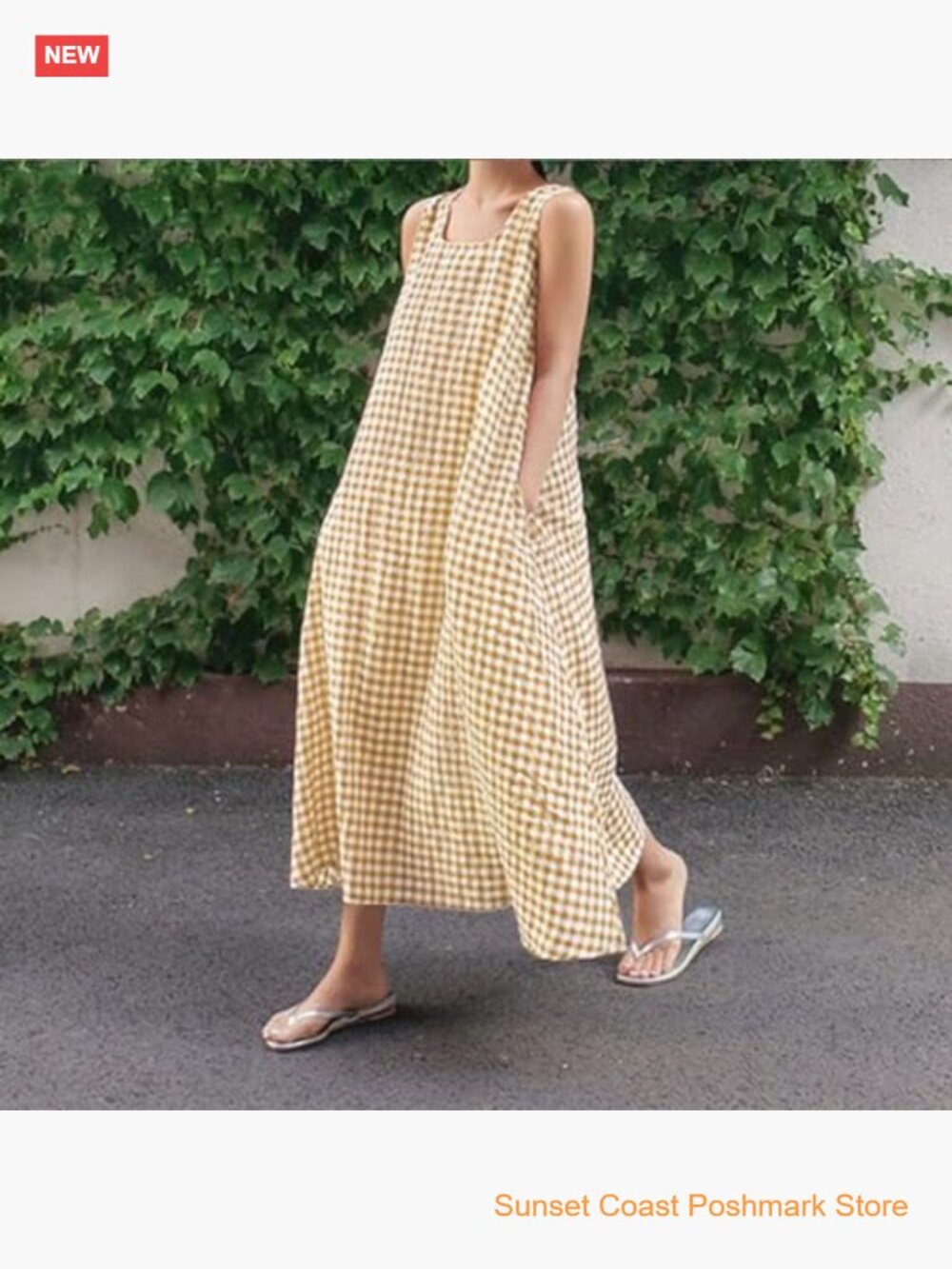 Women's Cotton Plaid Tank Maxi Dress with Pockets Loose Fit Sundress - Picture 3 of 3